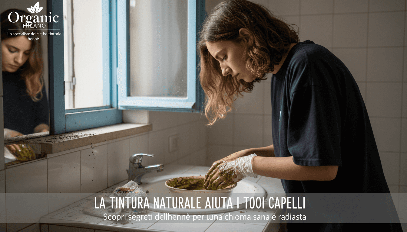 Applicare la tinta vegetale per capelli nel bagno con le piastrelle
