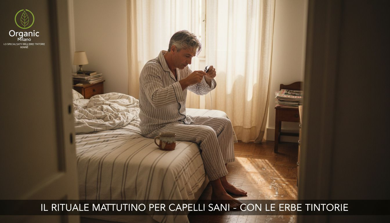 Uomo che si pettina i capelli dopo un trattamento alle erbe