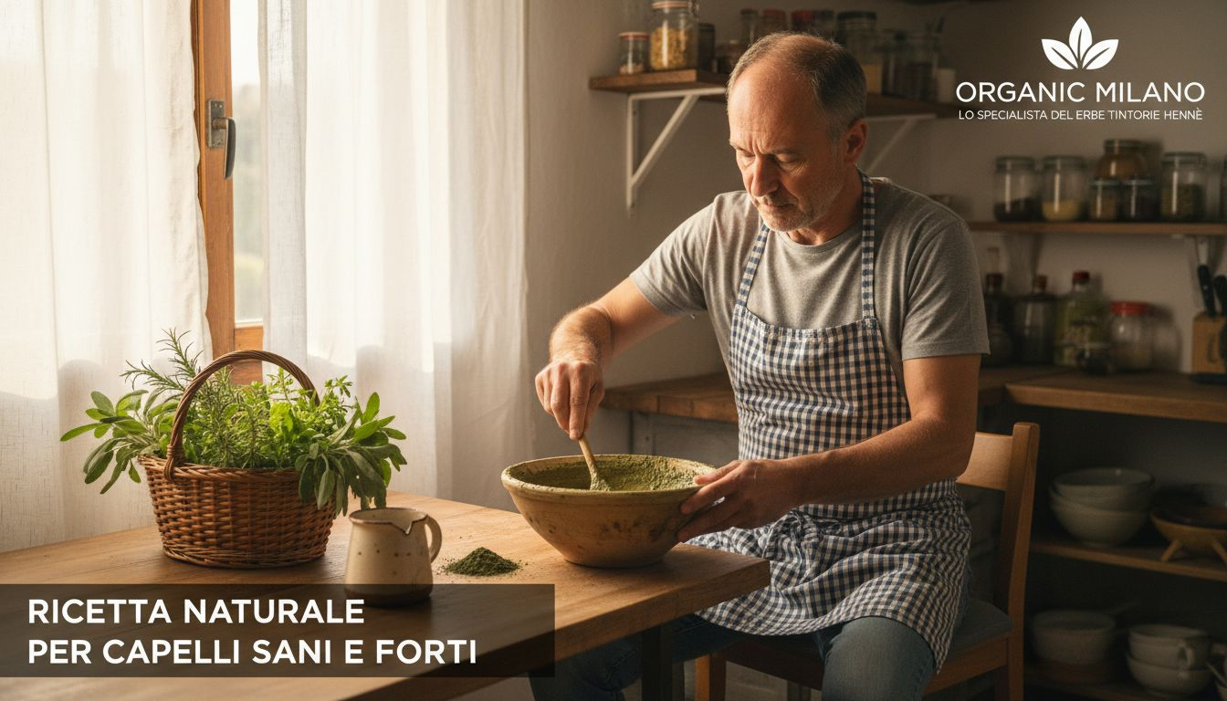Un uomo alle prese con la preparazione di una maschera per capelli al Brahmi nella sua cucina.