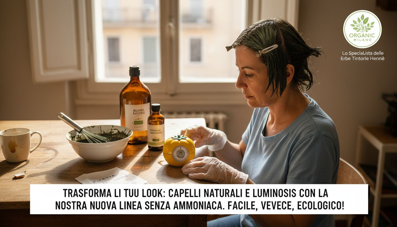 Suddividere i capelli in sezioni e applicare la tinta senza ammoniaca, rispettando i tempi di posa indicati.