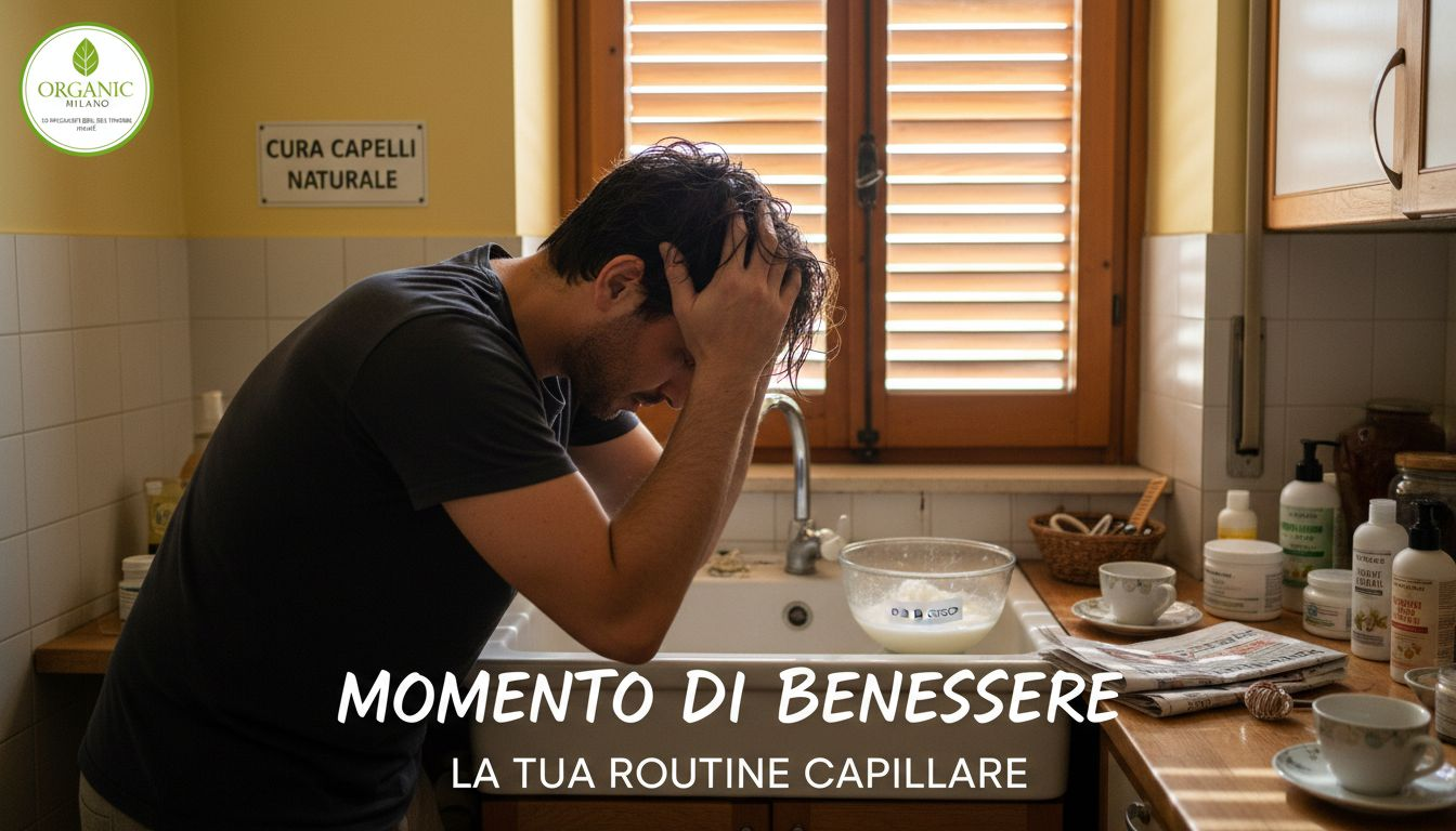 Uomo che si prende cura dei propri capelli applicando olio di cocco per mantenerli sani e forti.
