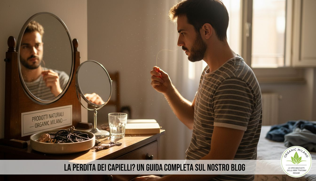 Un uomo si osserva allo specchio mentre controlla la consistenza dei suoi capelli.
