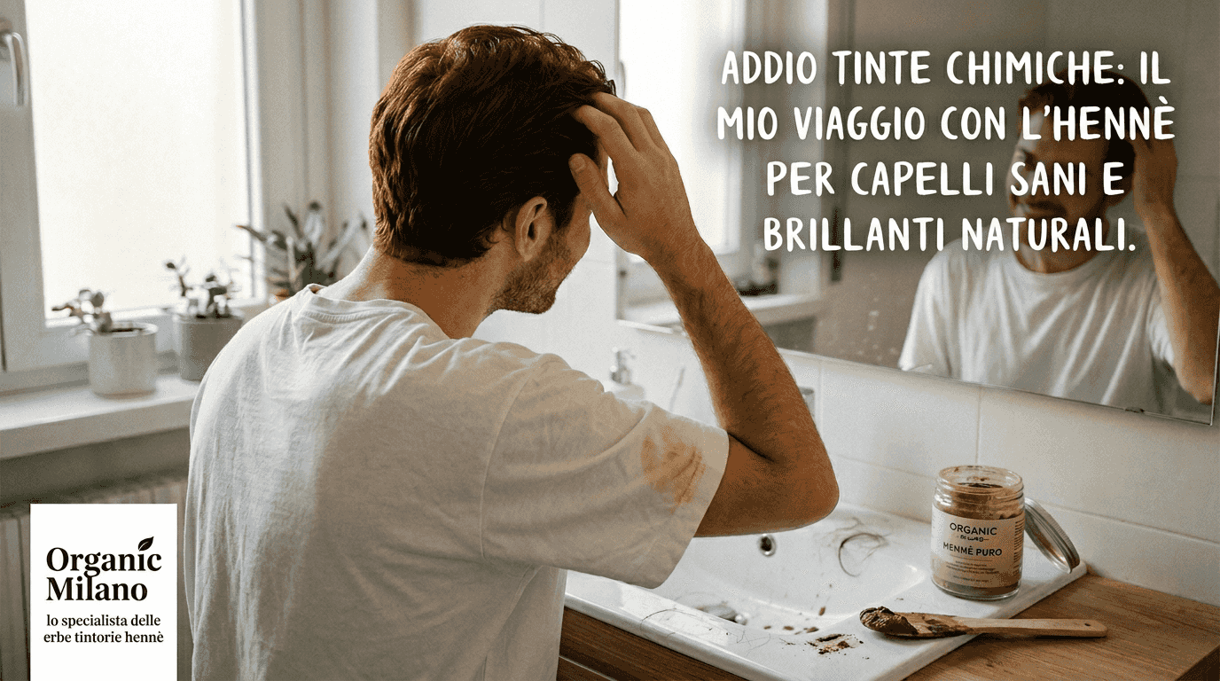 Un uomo osserva con ammirazione capelli sani e luminosi trattati con l’henné.