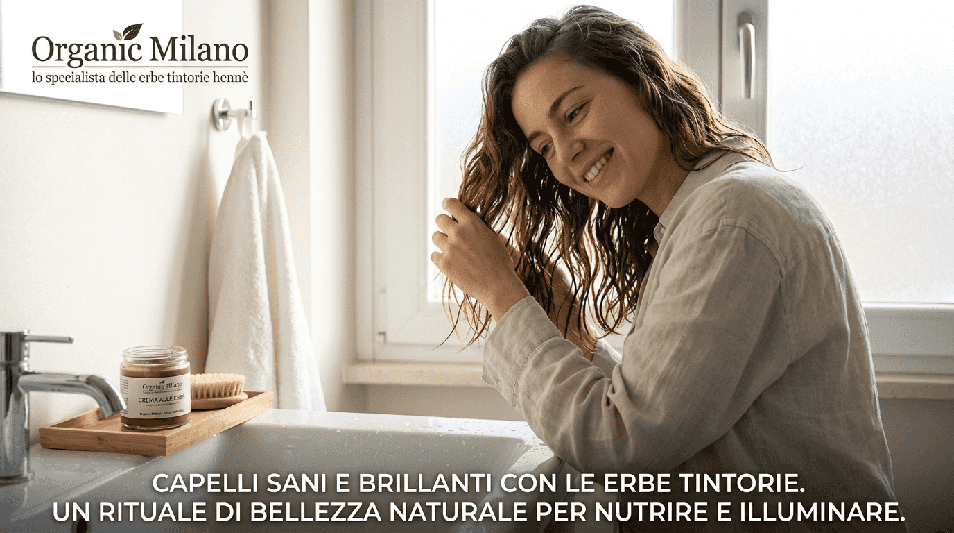 Donna che accarezza i suoi capelli sani e luminosi, trattati con prodotti naturali