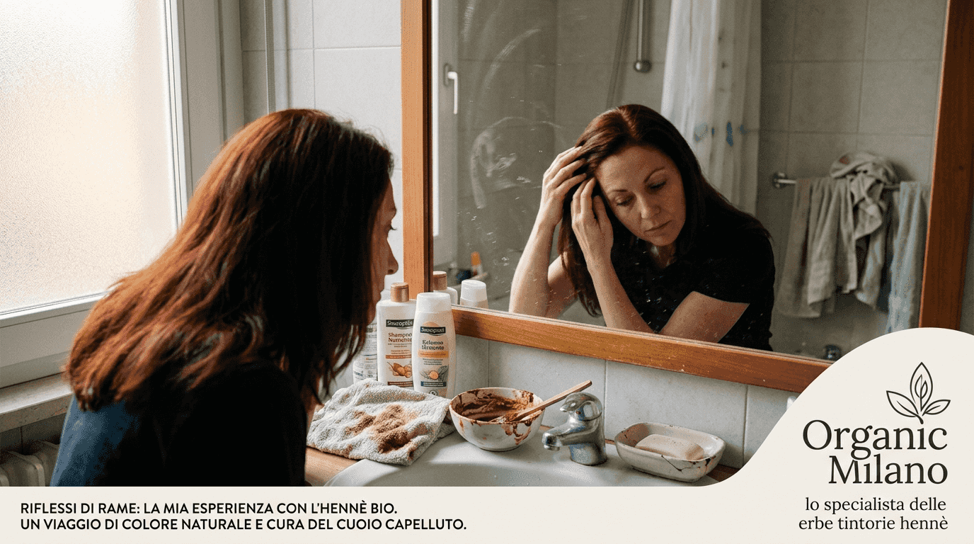 Una donna si specchia soddisfatta, ammirando i suoi capelli lucidi dal caldo riflesso ramato dell’henné.