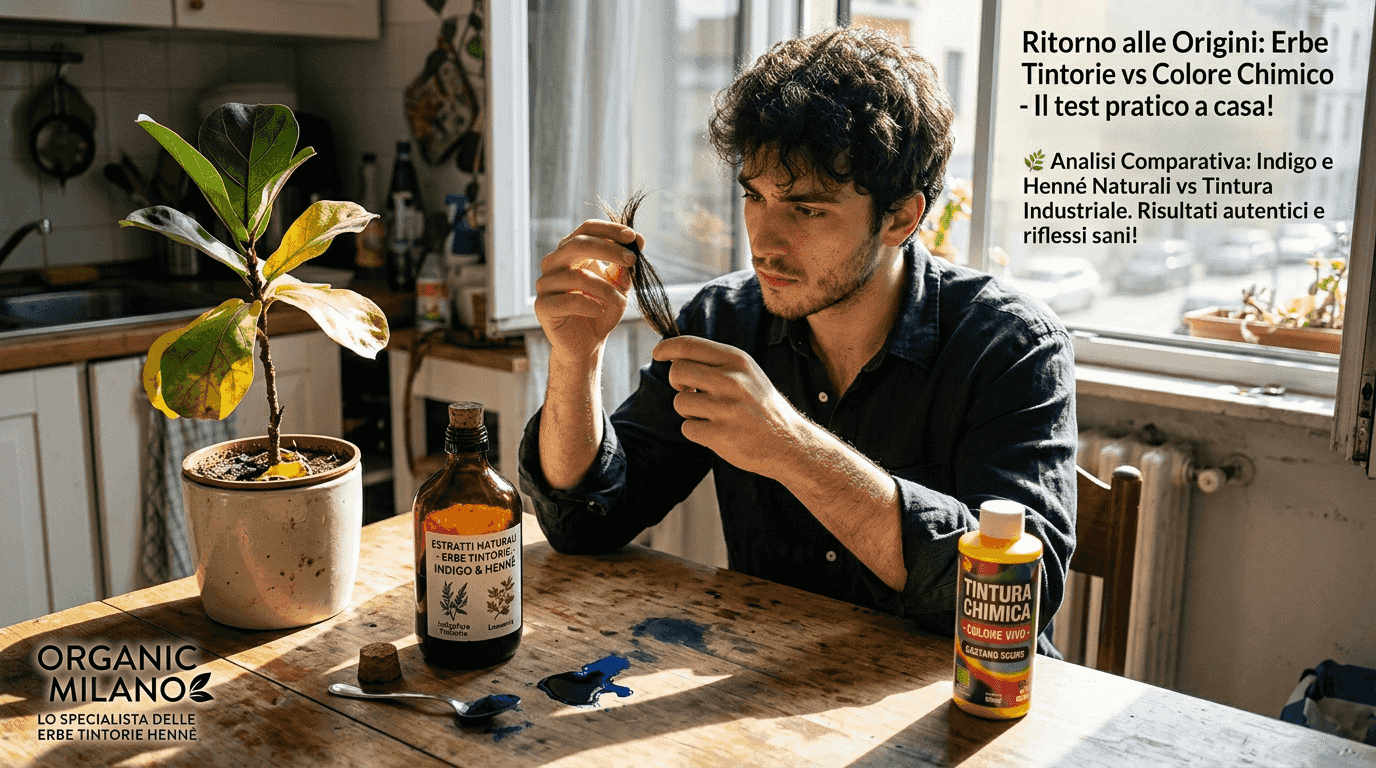 Uomo alle prese con il confronto tra prodotti per capelli naturali e chimici