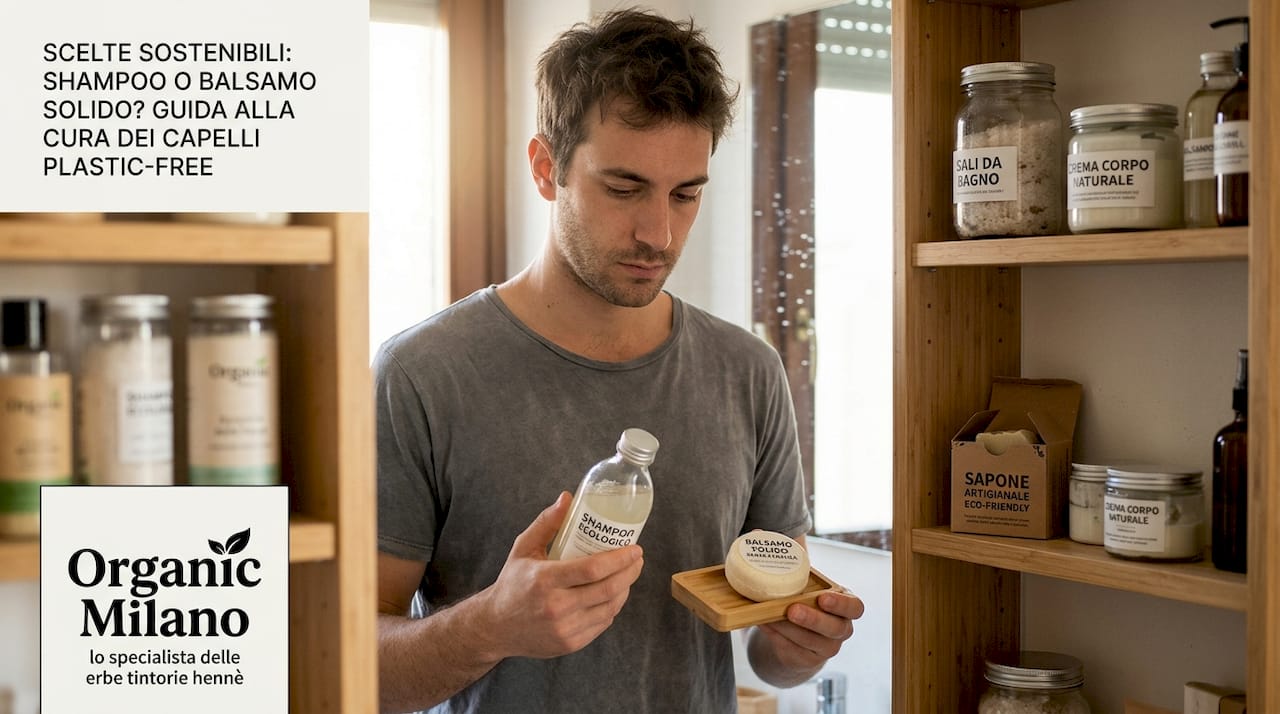 Una persona attenta all’ambiente che sceglie prodotti per capelli sostenibili, valutando ingredienti naturali e packaging ecologico.