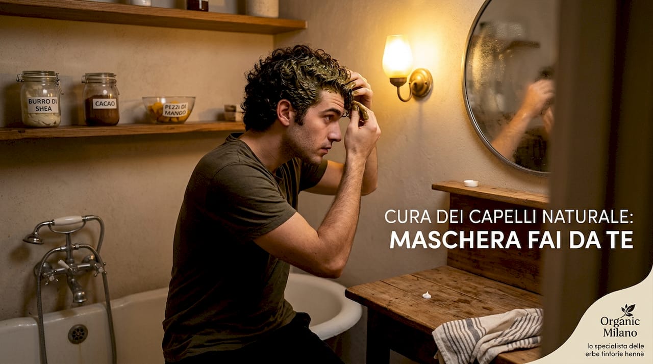 Uomo che si prende cura dei propri capelli applicando una maschera nutriente a base vegetale.