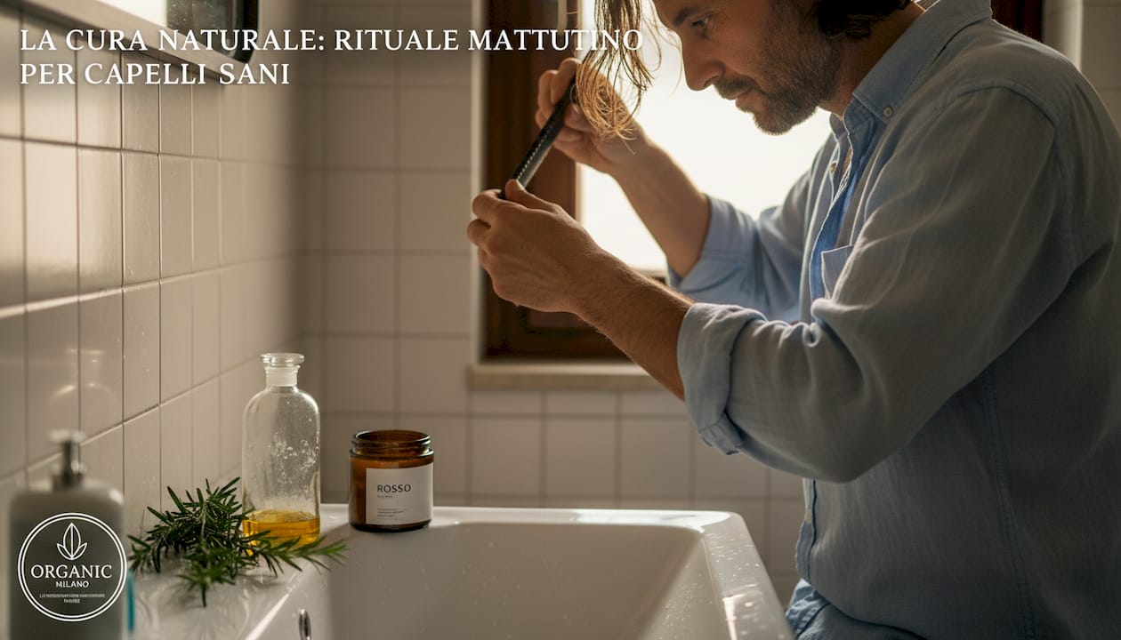 Un uomo si prende cura dei suoi capelli usando prodotti cosmetici naturali e biologici.