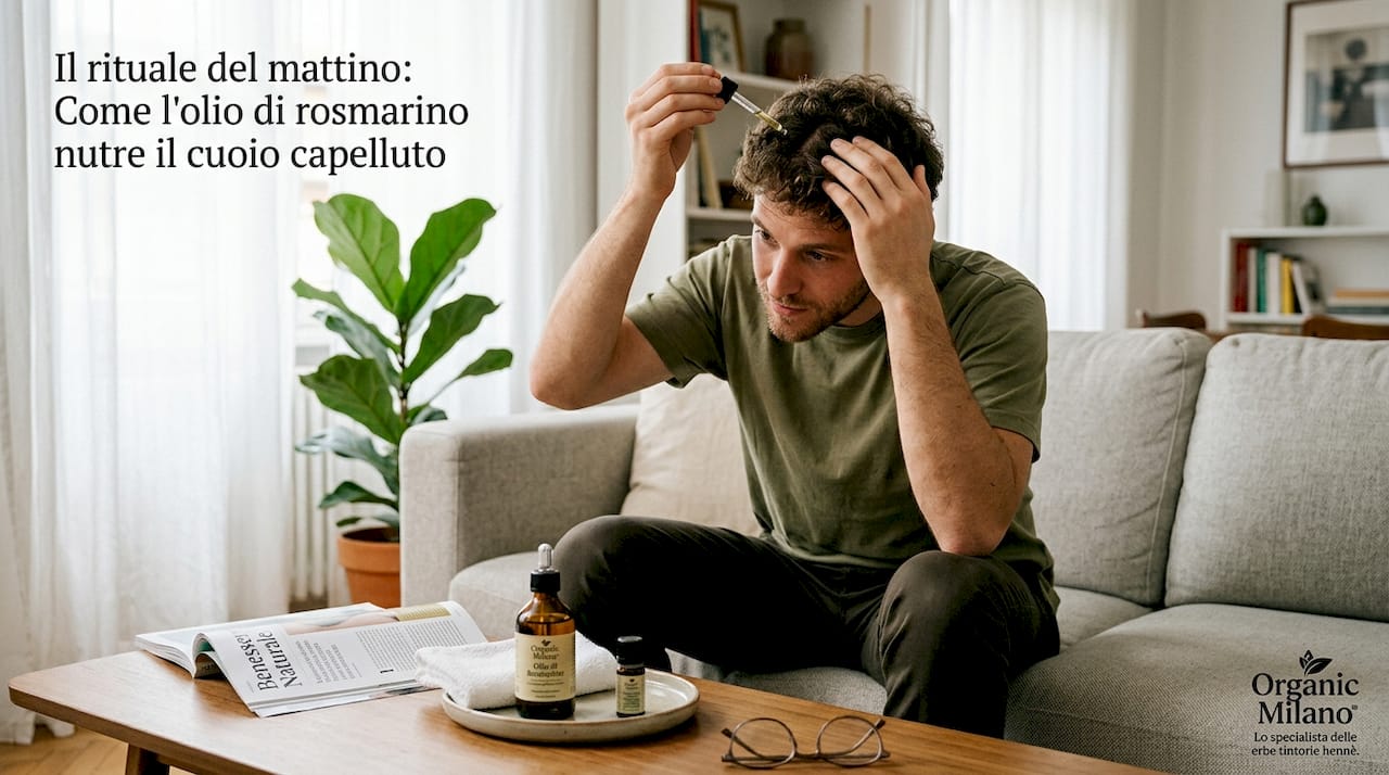 Un uomo si prende cura dei suoi capelli applicando olio di rosmarino direttamente sulla testa, comodamente a casa.