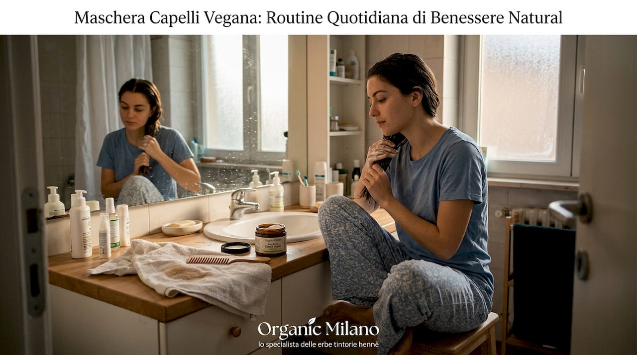 Stendere una maschera per capelli vegana davanti al piccolo lavabo del bagno