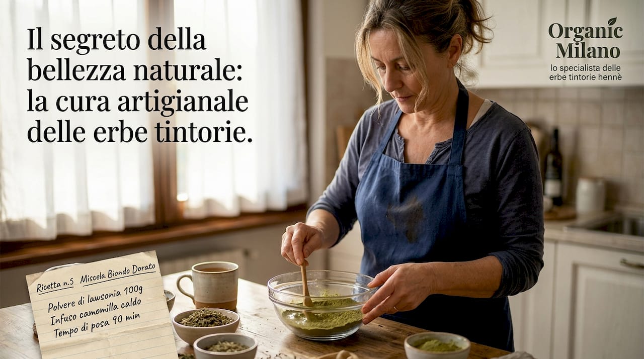 Preparazione della tinta naturale per capelli sul piano della cucina