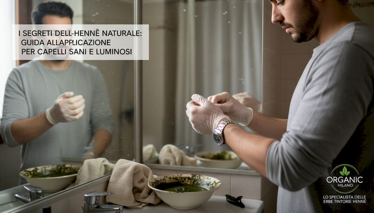 Un uomo si infila i guanti prima di applicare la tinta all’henné sui capelli.
