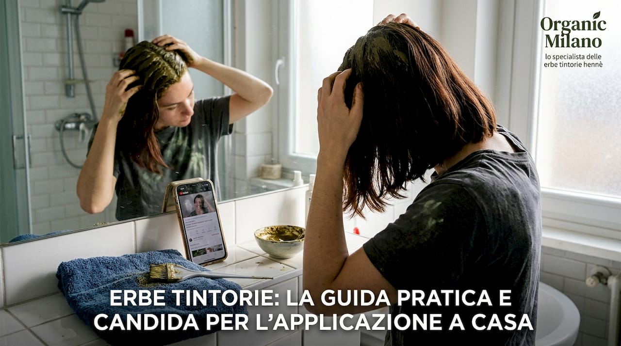 Una persona si sta applicando una maschera per capelli a base di erbe davanti allo specchio del bagno.