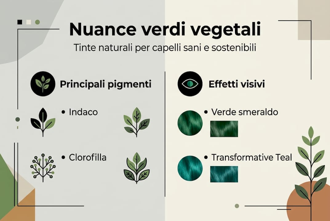 Guida visiva alle tonalità di verde per capelli ispirate al mondo vegetale