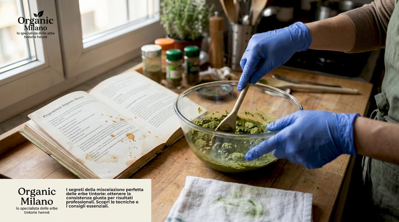 Mani protette da guanti che mescolano una tintura vegetale dal colore verde intenso.