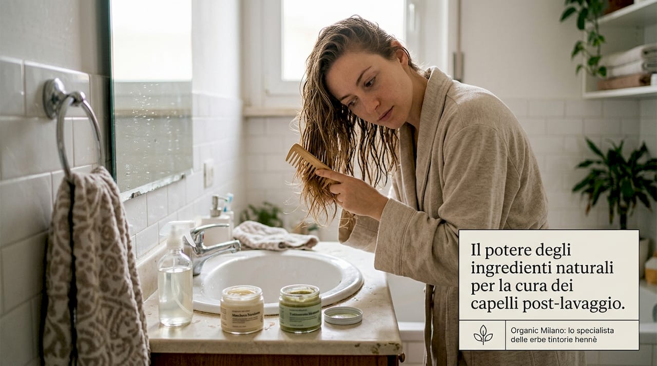 Donna che si prende cura dei propri capelli a casa utilizzando prodotti naturali e biologici.