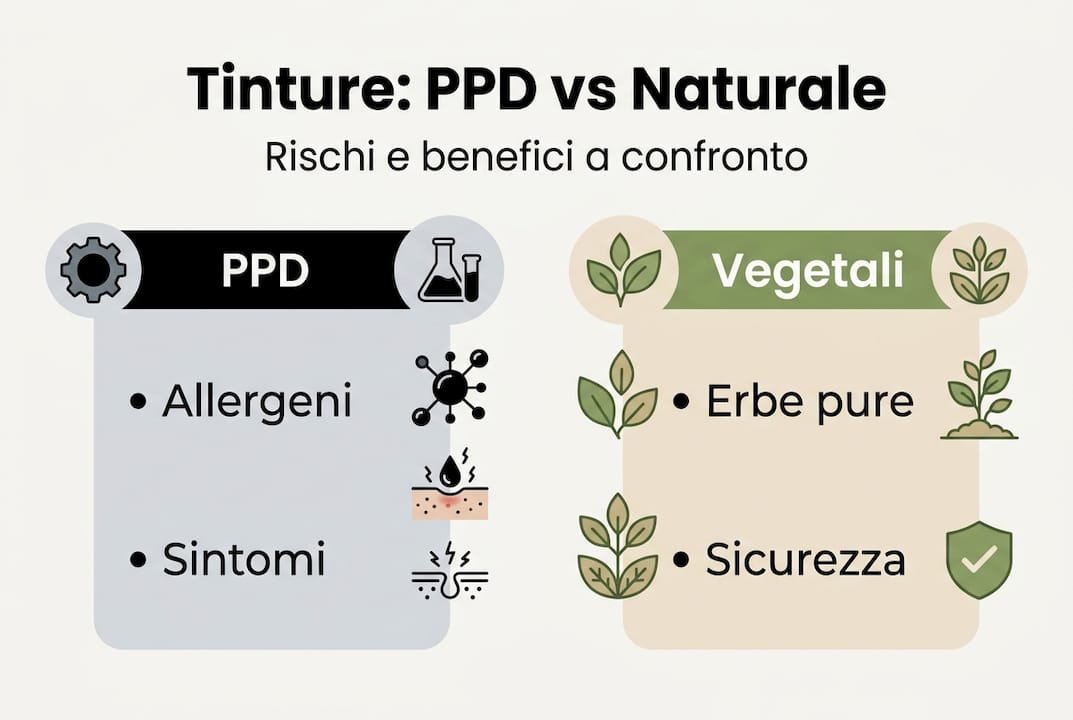 Infografica: confronto tra tinture per capelli con PPD e colorazioni vegetali