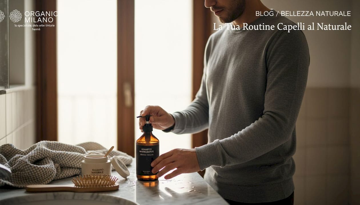Un uomo si prende cura dei suoi capelli utilizzando uno shampoo naturale nella comodità del proprio bagno di casa.