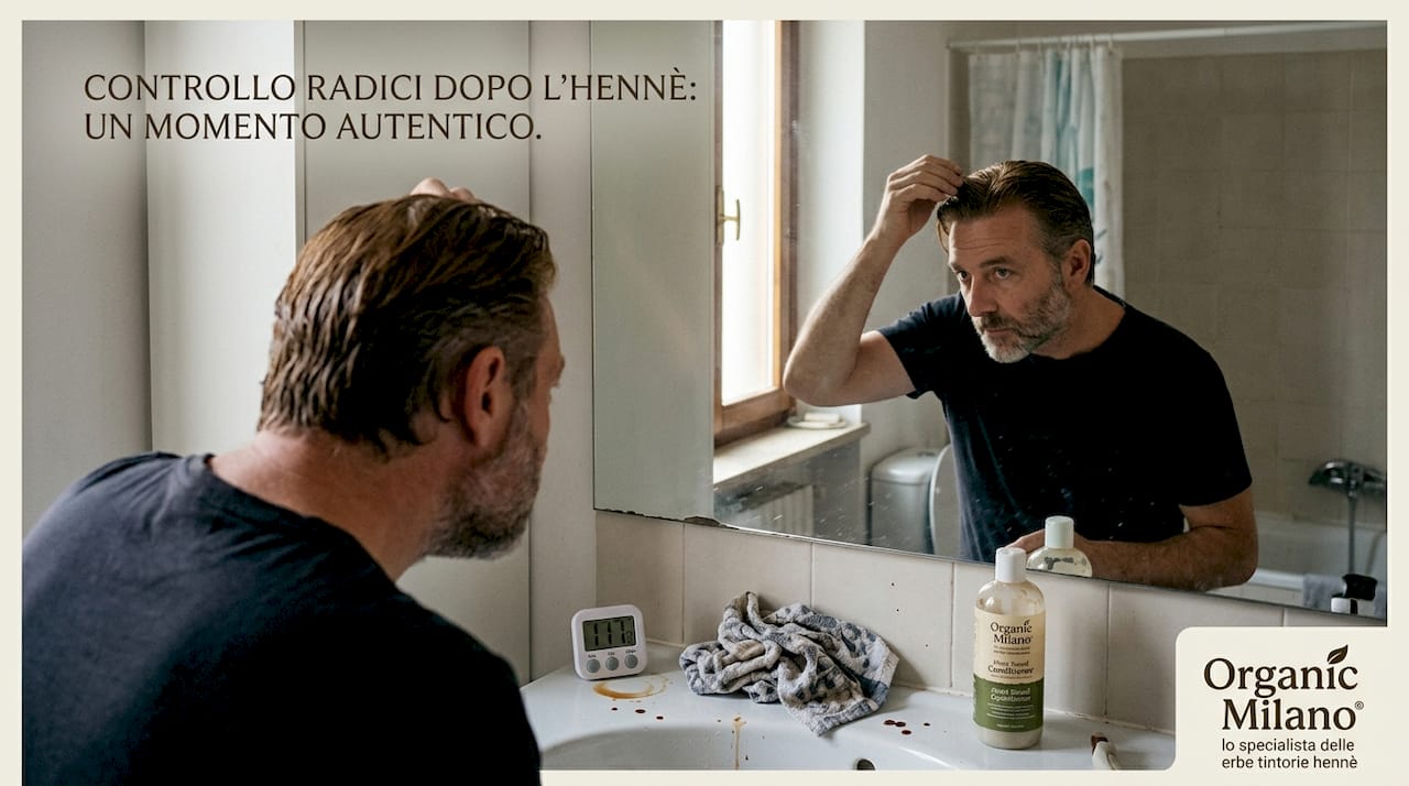 Un uomo si guarda allo specchio del bagno per vedere com’è venuta la tinta ai capelli.