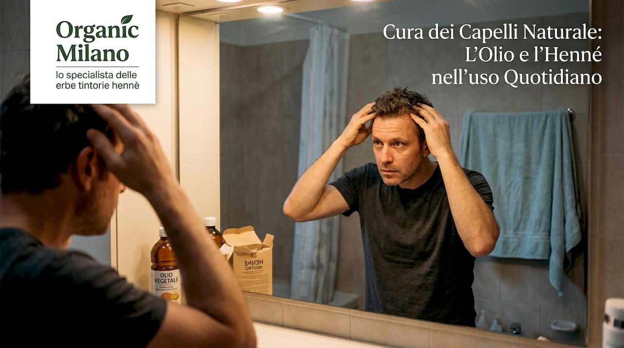 Un uomo si spalma dell’olio vegetale tra i capelli per nutrirli e renderli più morbidi.