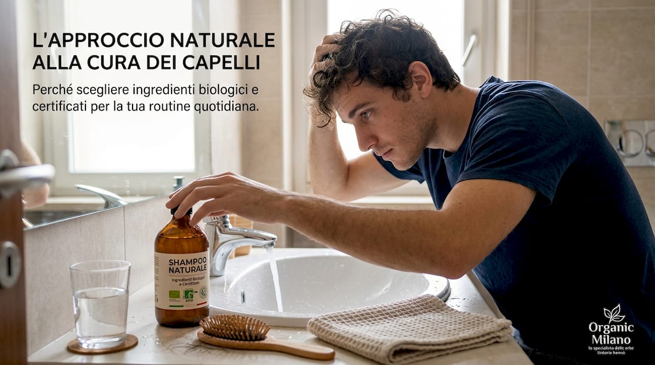 Un uomo si prende cura dei propri capelli lavandoli con uno shampoo naturale nel lavandino di casa.