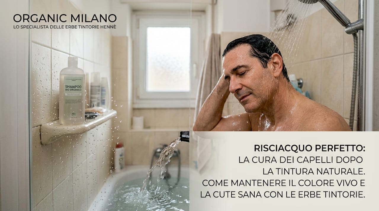 Un uomo si sciacqua i capelli appena tinti sotto la doccia.