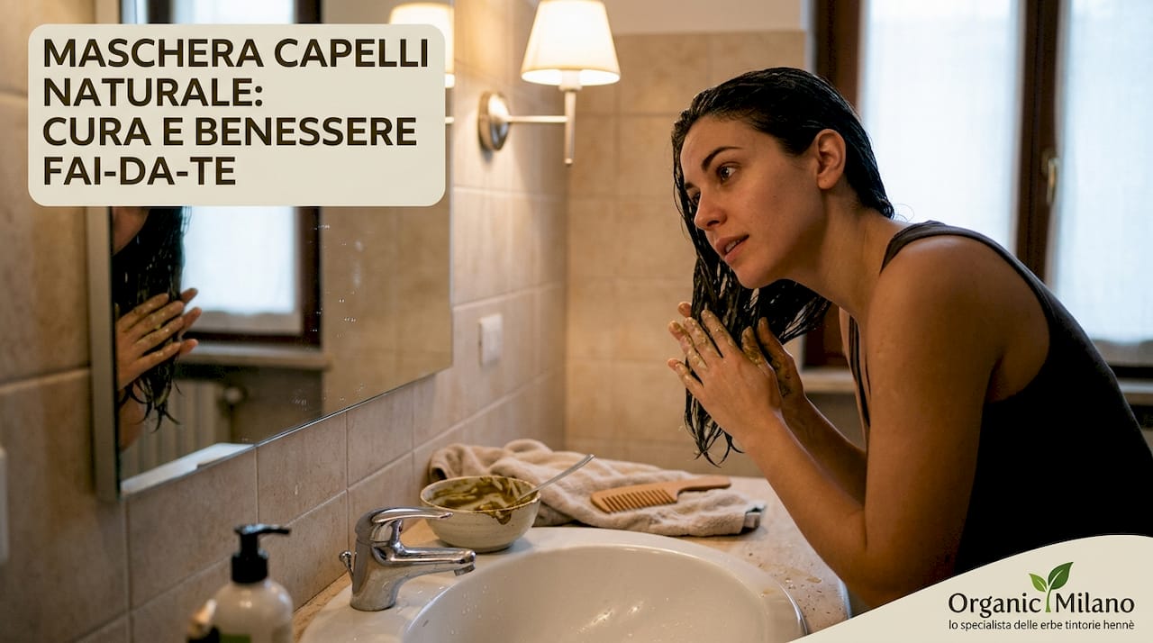 Una donna si prende cura dei suoi capelli applicando un trattamento naturale.