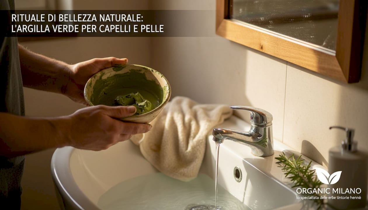 Un momento di relax a casa: mani immerse in un impacco di argilla e rosmarino durante il bagno