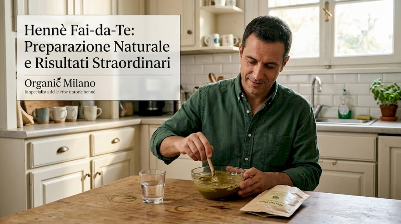 Una persona sta preparando l’henné sul tavolo della cucina, mescolando con cura la polvere e l’acqua per ottenere la tinta perfetta.