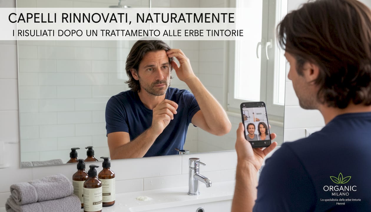 Uomo che confronta i risultati del trattamento per i capelli, prima e dopo