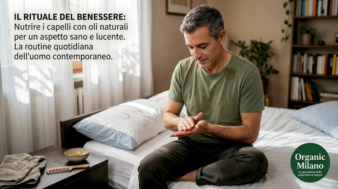 Uomo che si prepara per un massaggio ayurvedico con olio direttamente a casa