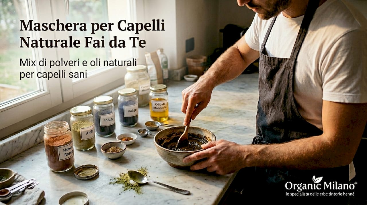 Una persona che prepara un rimedio naturale per i capelli nella propria cucina.