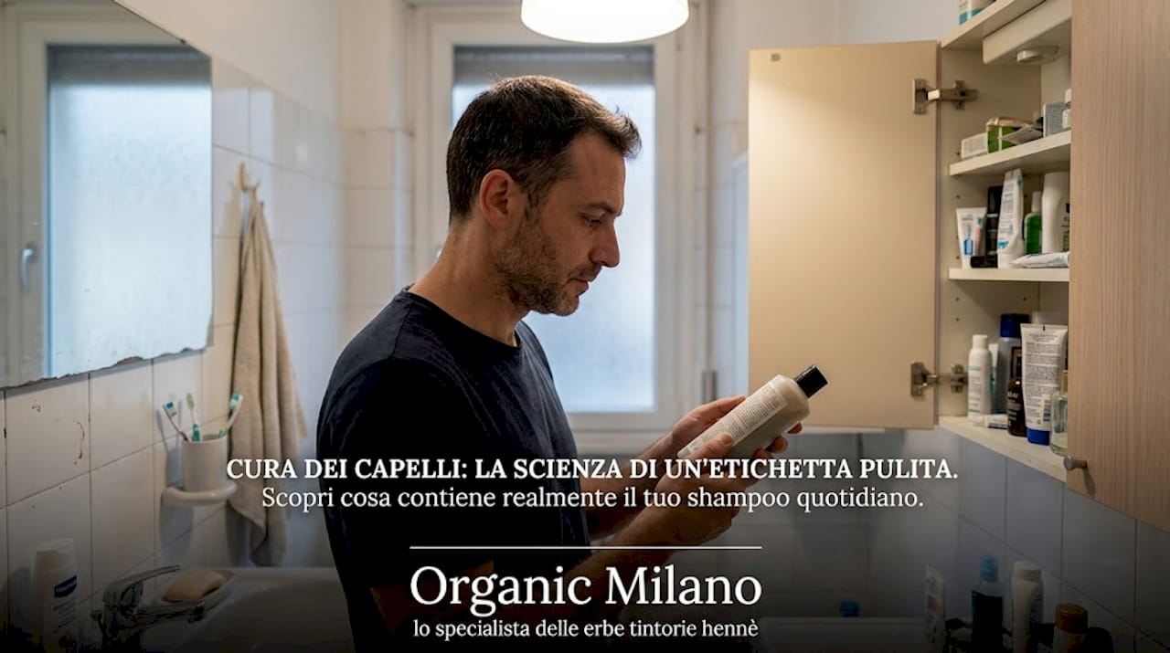 Un uomo controlla l’etichetta dello shampoo mentre si trova in bagno.