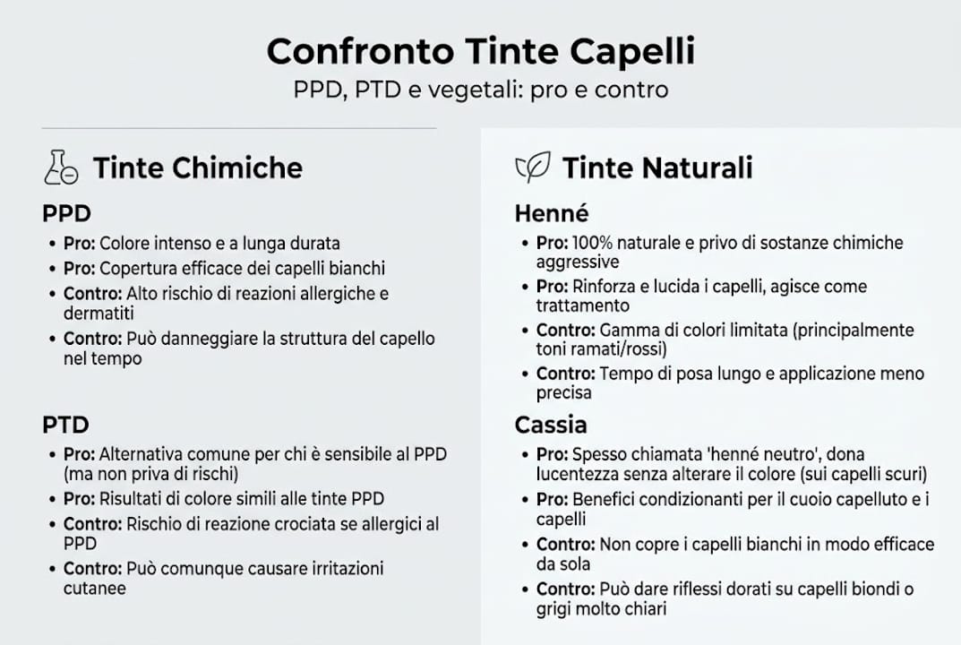 Infografica: confronto tra colorazioni per capelli con PPD, PTD e alternative vegetali
