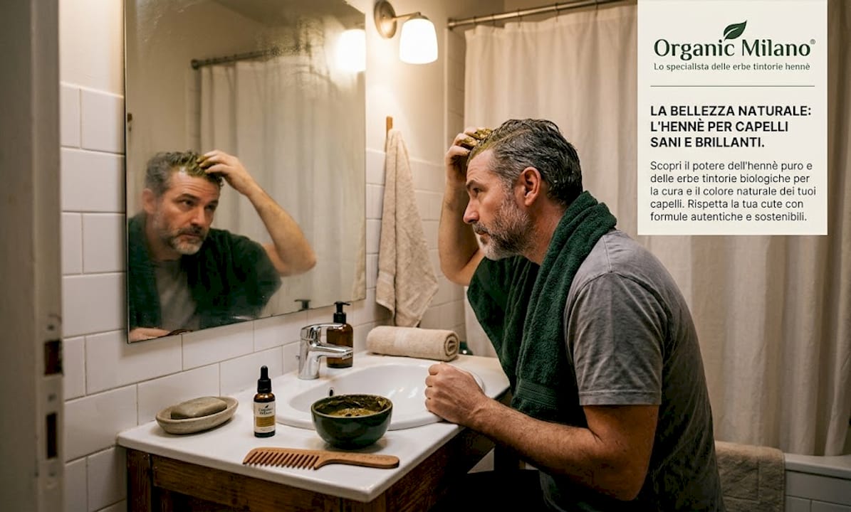 Un uomo si prende cura dei suoi capelli applicando una maschera ayurvedica mentre è in bagno.