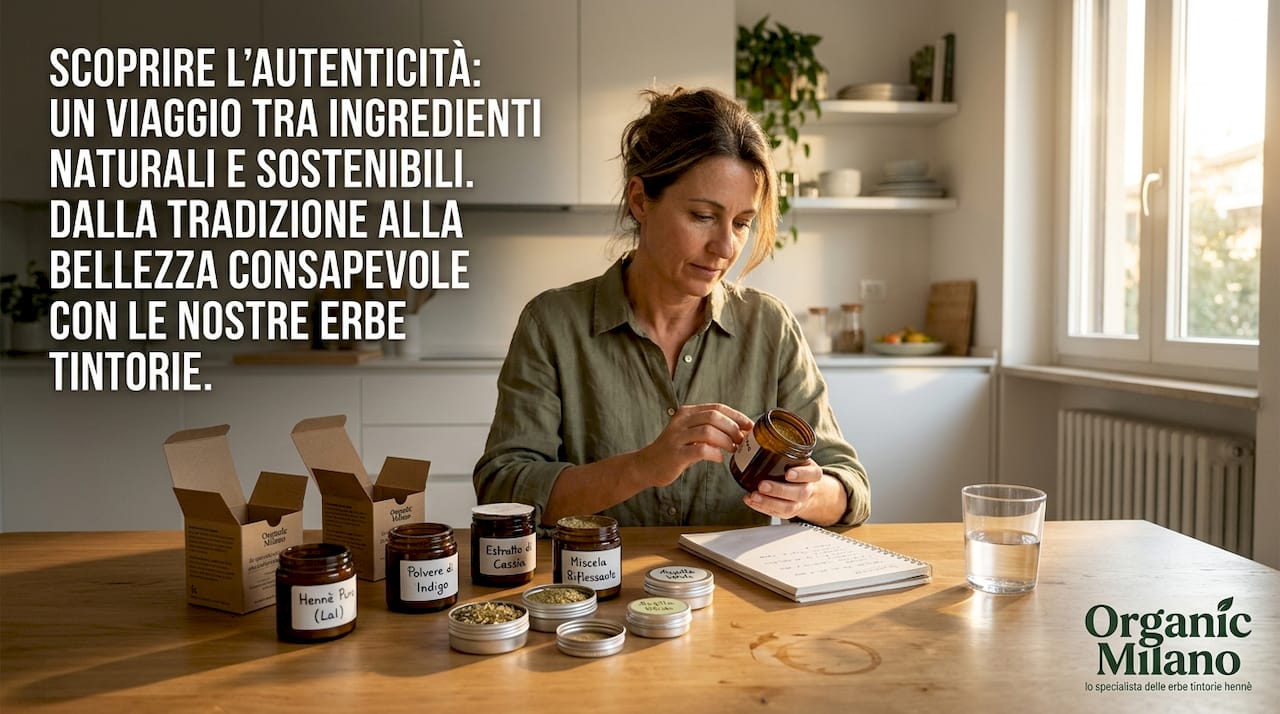 Una donna esamina attentamente ingredienti cosmetici naturali disposti sul tavolo.