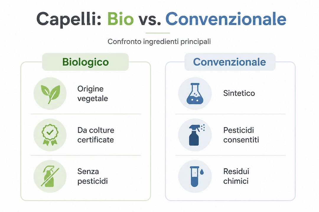 Infografica: differenze tra ingredienti biologici e tradizionali per la cura dei capelli