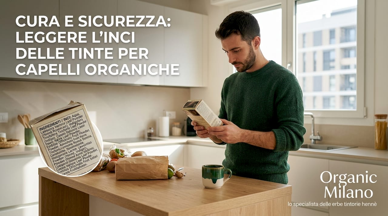 Un uomo controlla attentamente la lista degli ingredienti su una confezione di tinta per capelli.