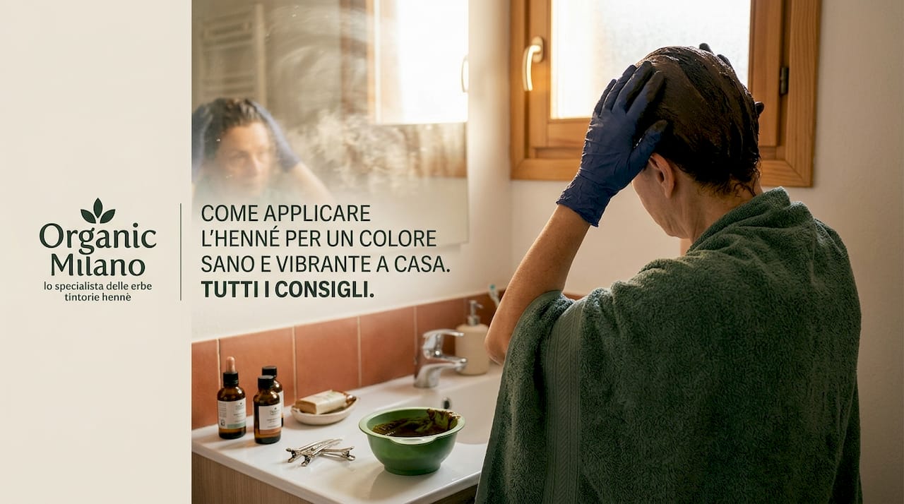 Una donna si prepara l’henné in bagno, comodamente a casa sua.