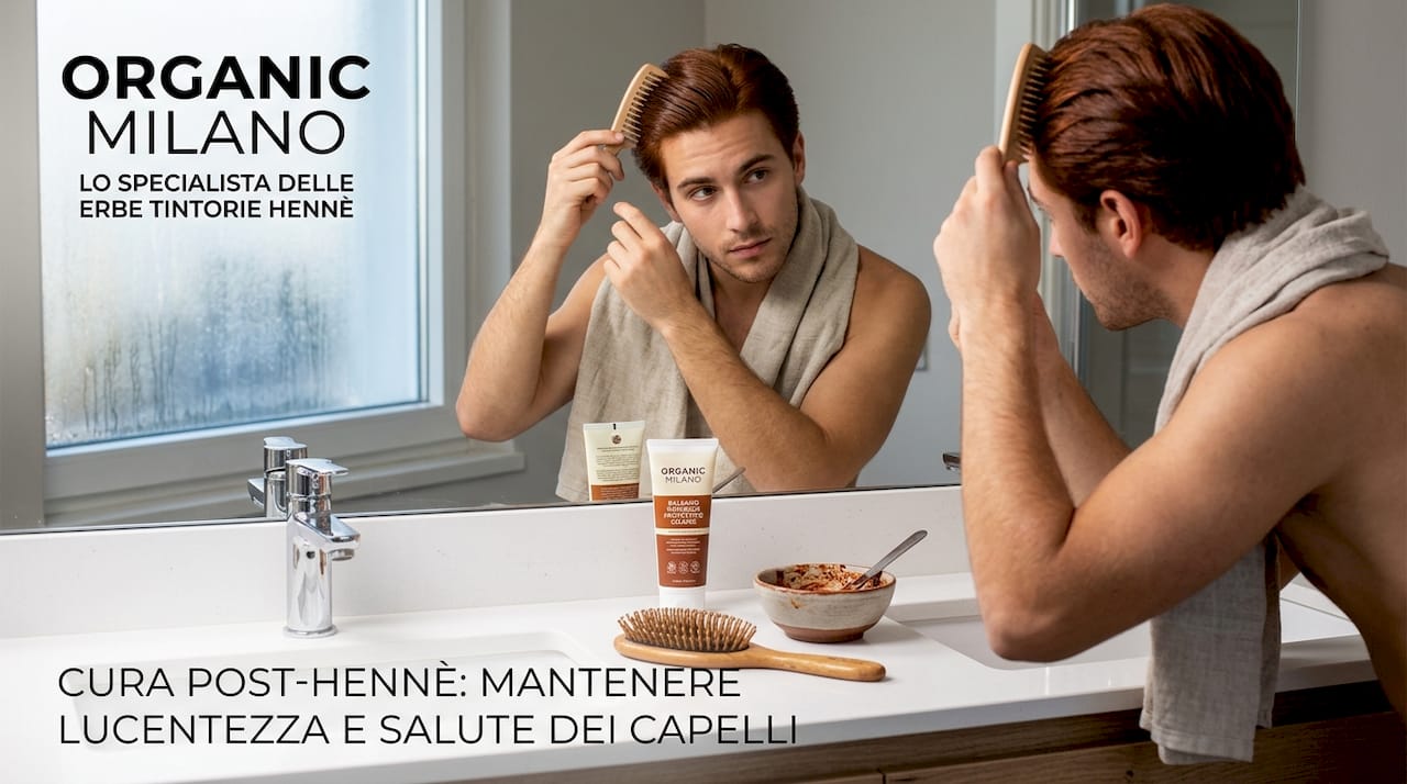 Un uomo si pettina i capelli lucenti, trattati con l’henné.