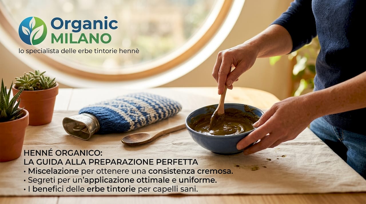 Mani che lavorano un impasto di henné e polveri vegetali tintorie