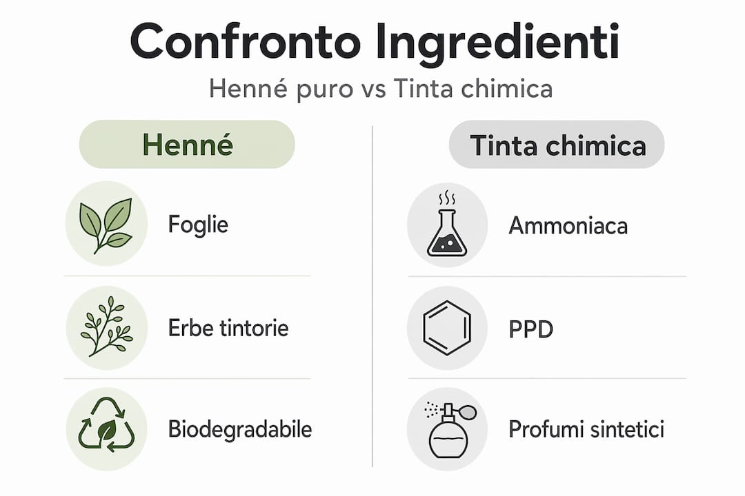 Infografica: differenze tra gli ingredienti del henné e quelli delle tinture chimiche