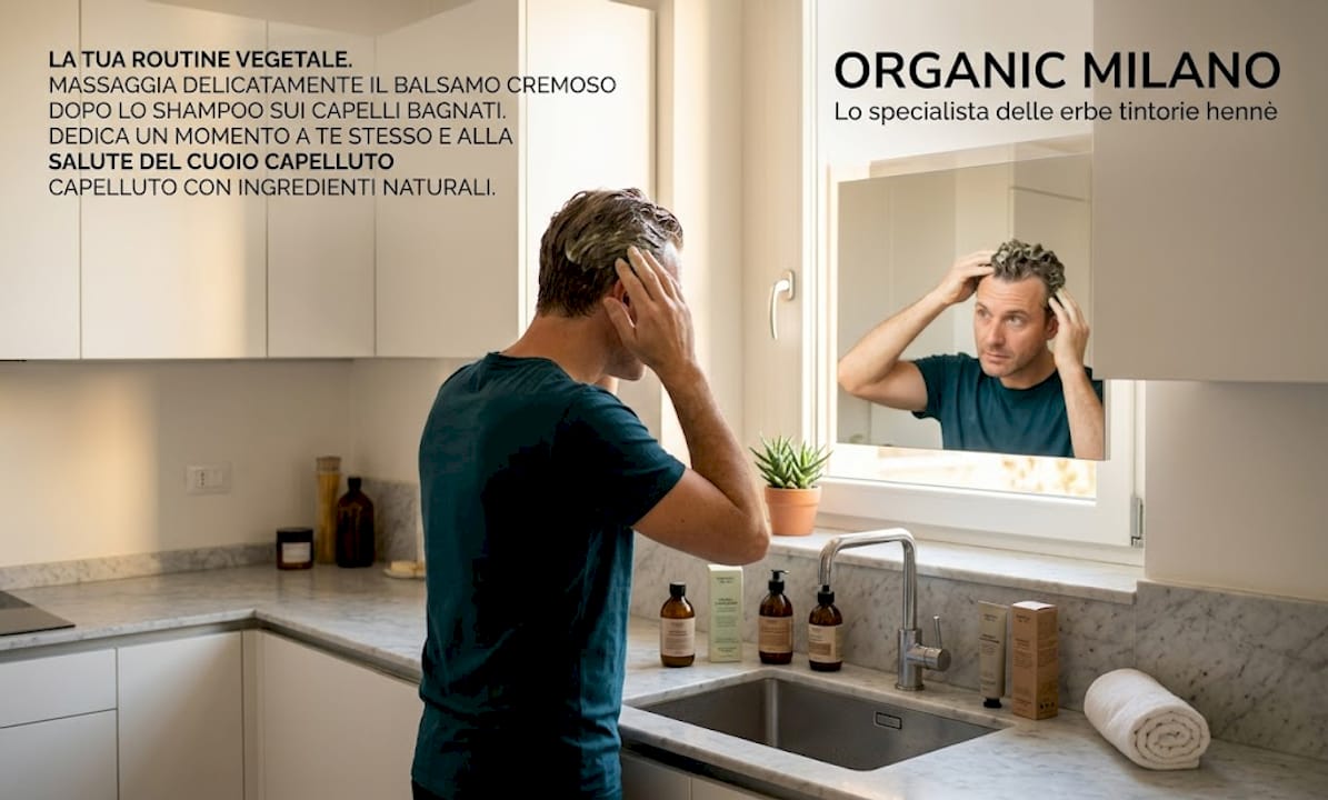 Un uomo si prende cura dei suoi capelli applicando un balsamo naturale comodamente a casa.