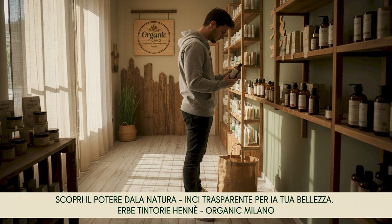 Una cliente osserva con attenzione l’etichetta di un prodotto cosmetico naturale prima dell’acquisto.