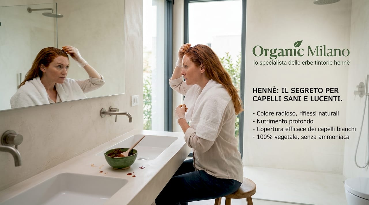 Una donna si sta applicando l’henné rosso sui capelli davanti allo specchio del bagno.
