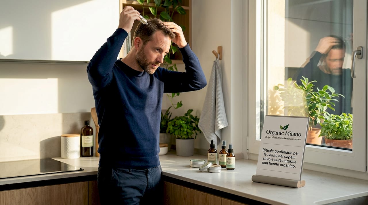 Un uomo si applica un siero sul cuoio capelluto mentre è in bagno.