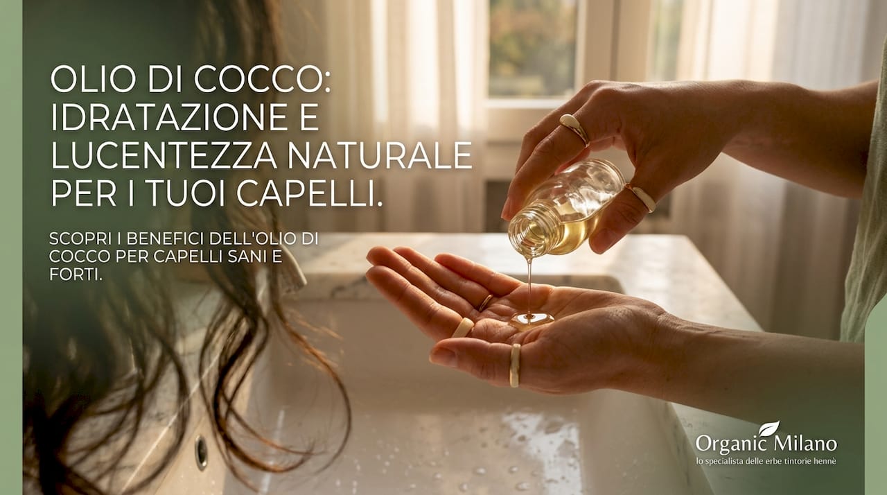 Dettaglio di mani che versano olio di cocco sui capelli