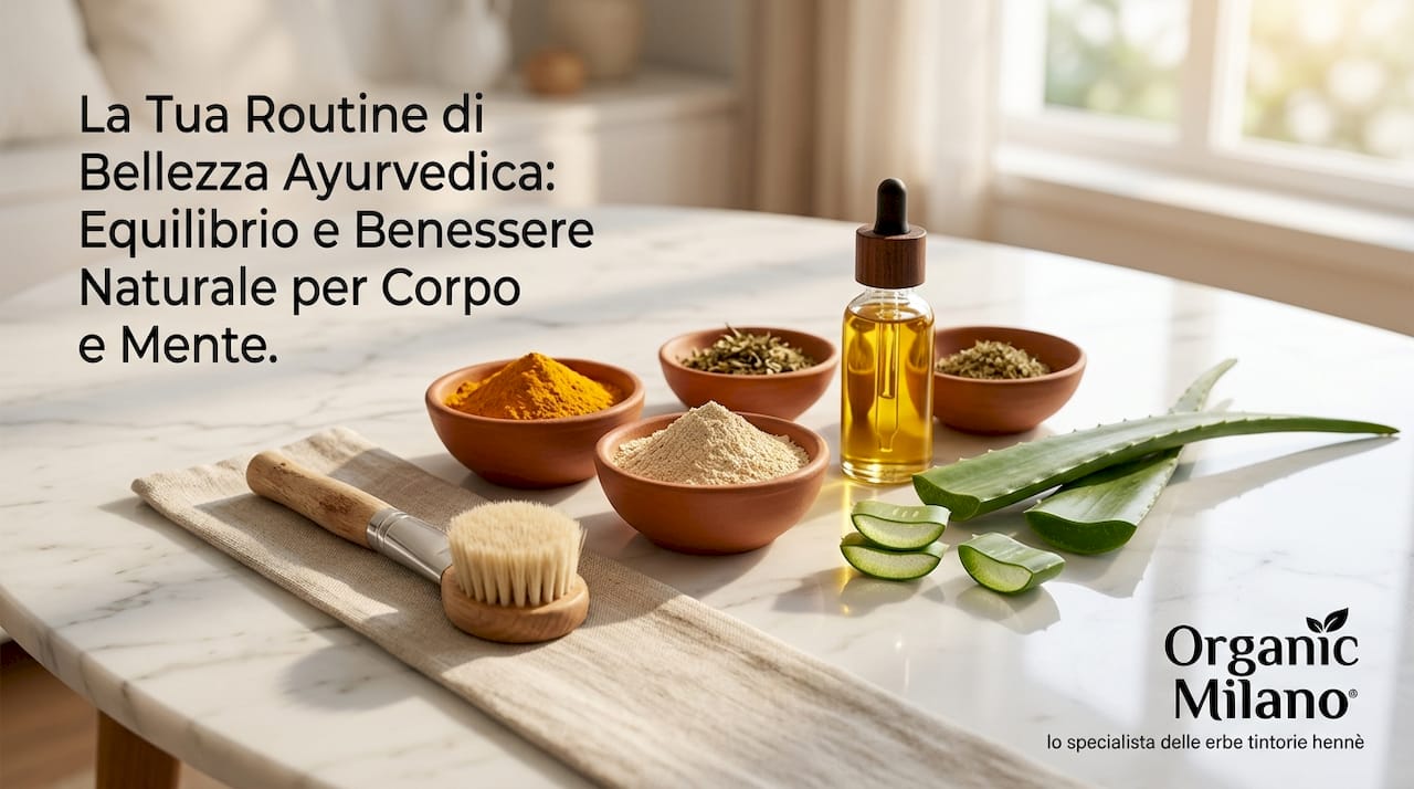 Composizione di ingredienti e accessori ayurvedici per la bellezza