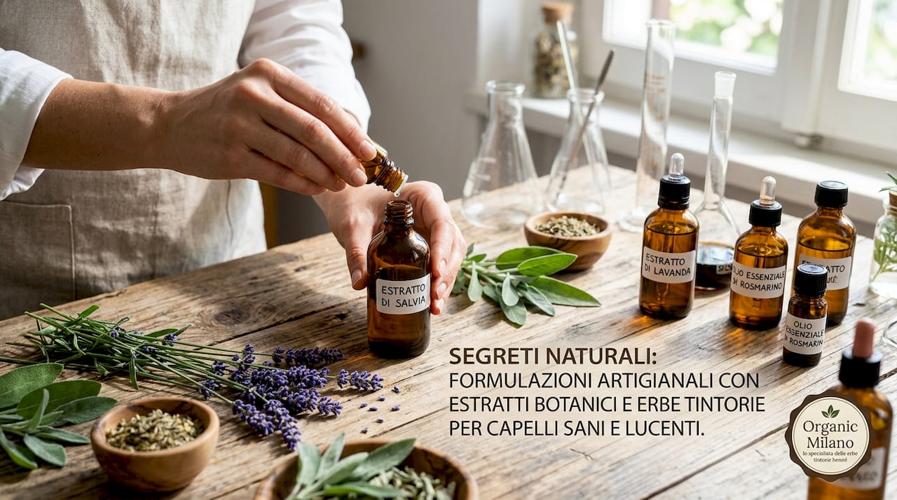 Mani che sorreggono boccette di estratti botanici